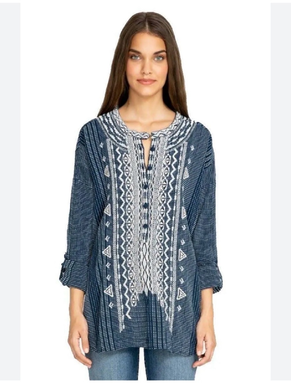 Johnny Was Navy and White Textured Top